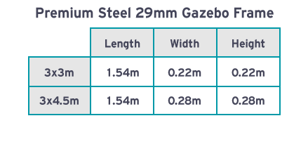 A packed gazebo size chart as a reference for packing the gazebo - Altegra Premium Steel range.