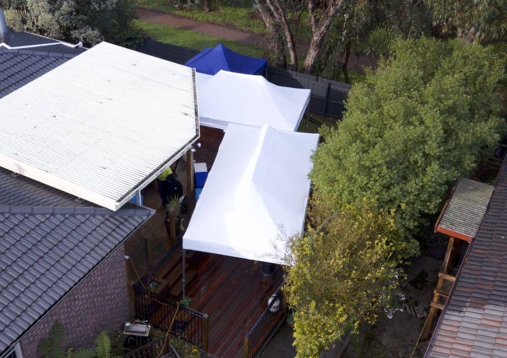 Altegra event marquees can be set up to cover backyard events in all shapes - white 3x6m marquee and 3x4.5m gazebo on a deck.