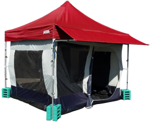 Altegra Compact Pro Lite gazebo complete with red canopy, matching red awning, and connected 3x3m inner tent. A complete internal tent solution for ease of setup for camping or commercial purposes.