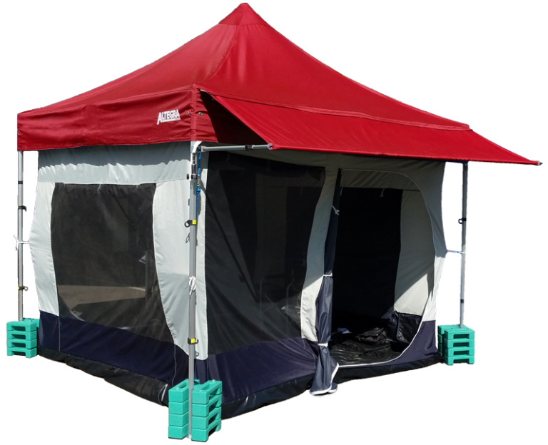 Altegra Compact Pro Lite gazebo complete with red canopy, matching red awning, and connected 3x3m inner tent. A complete internal tent solution for ease of setup for camping or commercial purposes.