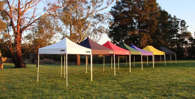 Altegra's Heavy-duty range of Gazebos and Marquees lined up in size order from 2.4x2.4 Pro Lite gazebo to the 4x8m Heavy Duty 50mm Aluminium folding marquee.