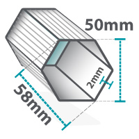 Altegra Heavy Duty gazebo and folding marquee frame cross-section icon - 50mm hexagonal brushed aluminium frame with 2mm walls, measuring 58mm diagonally.
