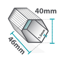 Altegra Pro Lite gazebo and folding marquee frame cross-section icon - 40mm hexagonal brushed aluminium frame with 2mm walls, measuring 46mm diagonally.