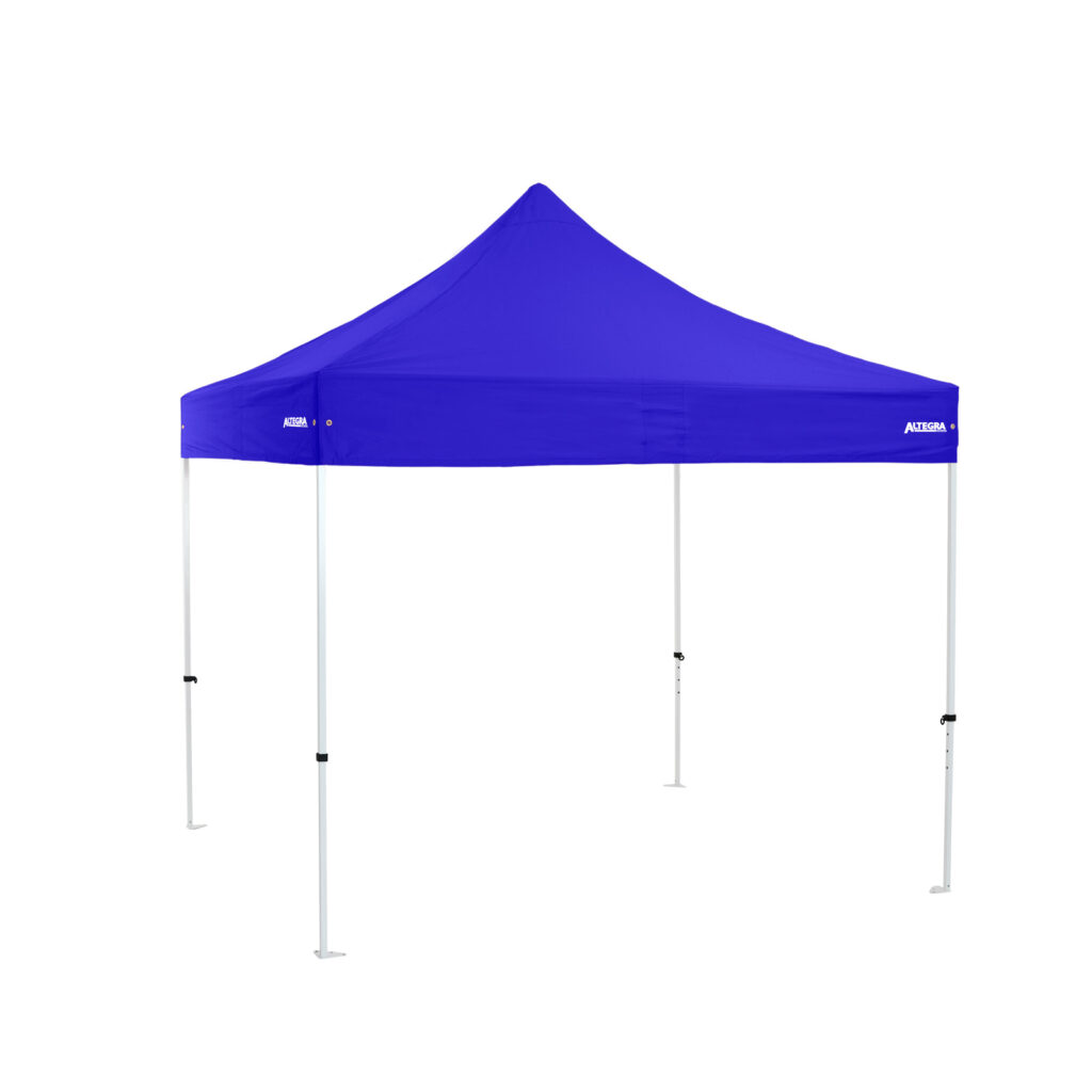 Altegra Premium Steel 3x3m gazebo tent with royal blue UPF50+ canopy - the affordable 3x3m easy up tent with premium features that protect your family.