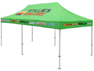 Altegra custom 3x6m marquee in highlighter green attached to our Heavy Duty 3x6m marquee - for use as a large pit tent at motor sports or events.