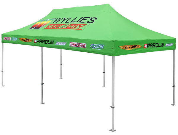 Altegra custom 3x6m marquee in highlighter green attached to our Heavy Duty 3x6m marquee - for use as a large pit tent at motor sports or events.