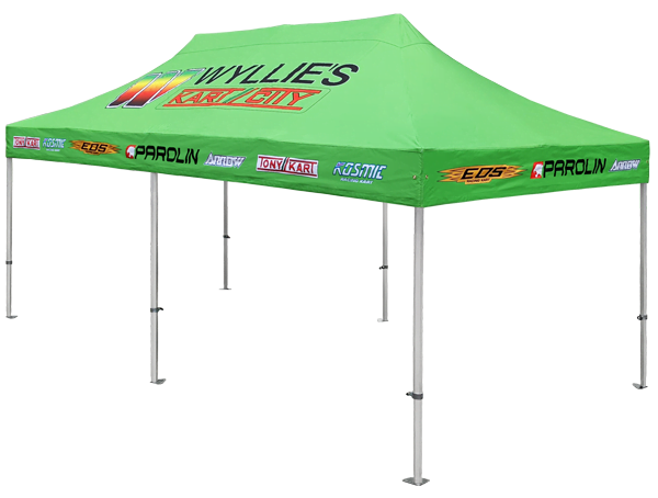 Altegra custom 3x6m marquee in highlighter green attached to our Heavy Duty 3x6m marquee - for use as a large pit tent at motor sports or events.