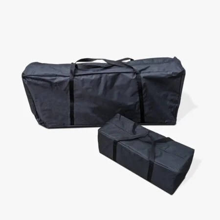 Altegra aluminium folding table packed into its 2x Cordura nylon carry cases for easy transport and storage.