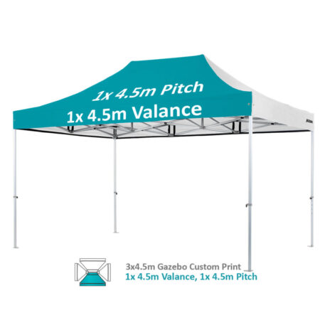 Altegra Heavy Duty 3x4.5m gazebo custom print image - 1x4.5m valance and 1x 4.5m pitch printed.