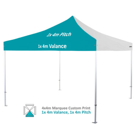Altegra Heavy Duty custom printed 4x4m marquee - 50mm Heavy Duty frame with custom UPF50+ canopy. 1x4m valance and 1x 4m pitch print option image.
