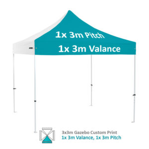 Altegra Premium Steel 3x3m gazebo with vivid custom printed canopy - 1x 3m valance and 1x 3m pitch printed option.