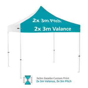 Altegra Premium Steel 3x3m gazebo with vivid custom printed canopy - 2x 3m valance and 2x 3m pitch printed option.