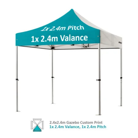 Altegra Pro Lite 2.4x2.4m gazebo with vivid custom printed canopy - 1x 2.4m Valance and 1x 2.4m pitch option.
