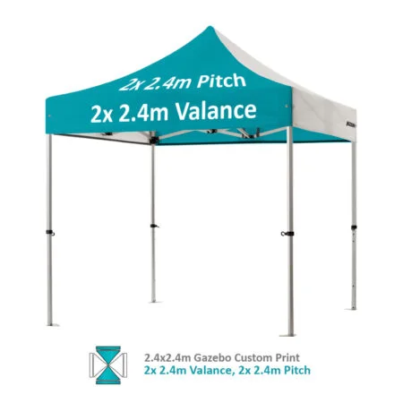 Altegra Pro Lite 2.4x2.4m gazebo with vivid custom printed canopy - 2x 2.4m Valance and 2x 2.4m pitch option.