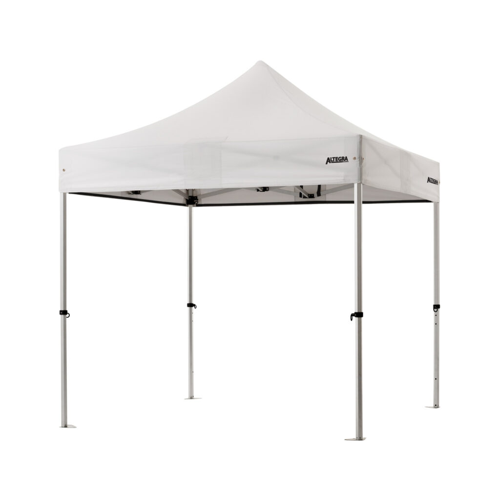 Altegra Pro Lite aluminium 2.4x2.4m gazebo with white UPF50+ sun protection rated waterproof canopy - our lightweight Pro Lite 2.4m gazebo carries a Lifetime Warranty to keep you and your family safe for many years!