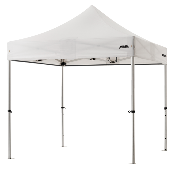Altegra Pro Lite aluminium 2.4x2.4m gazebo with white UPF50+ sun protection rated waterproof canopy - for use as a compact market tent or event marquee. Deigned for when all day outdoor protection is required.