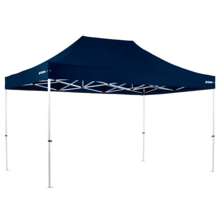 Altegra Pro Lite 3x4.5m aluminium gazebo with navy blue UPF50+ canopy - a 13.5m squared protected space with leading Australian safety standard compliance.