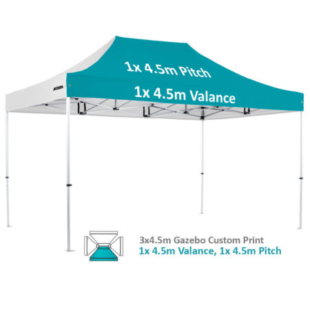 Altegra Pro Lite 3x4.5m advanced aluminium gazebo with custom printed UPF50+ canopy - our 1x4.5m valance and 1x4.5m pitch option.