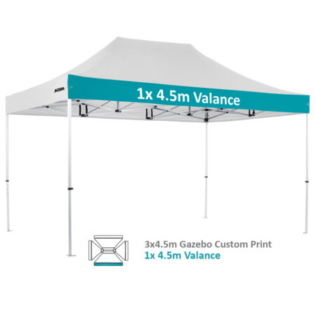 Altegra Pro Lite 3x4.5m advanced aluminium gazebo with custom printed UPF50+ canopy - our 1x4.5m valance option.