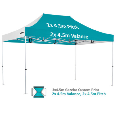 Altegra Pro Lite 3x4.5m advanced aluminium gazebo with custom printed UPF50+ canopy - our 2x4.5m valance and 2x4.5m pitch option.