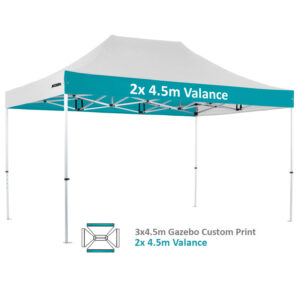 Altegra Pro Lite 3x4.5m advanced aluminium gazebo with custom printed UPF50+ canopy - our 2x4.5m valance custom print option.