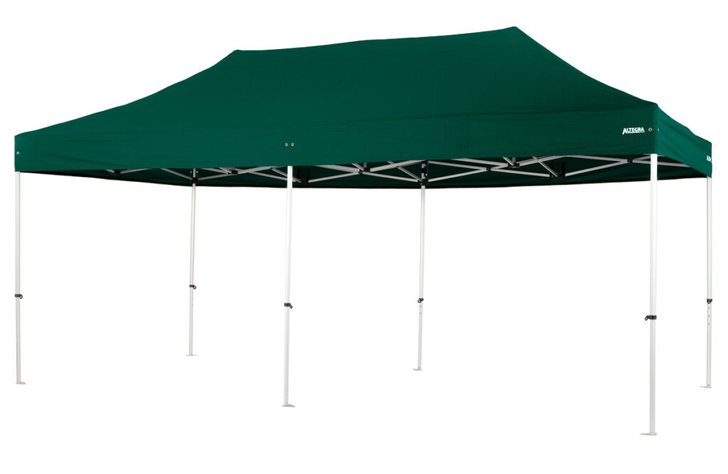 Altegra Pro Lite 3x6m marquee - a premium-quality light aluminium marquee with a 3m x 6m marquee span for complete protection. Shown with our stock green coloured UPF50+ canopy.