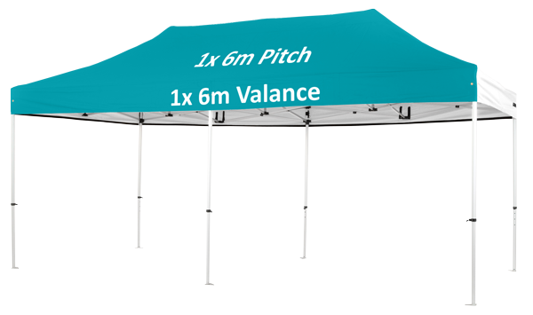 Altegra Pro Lite custom 3x6m marquee - image displaying the 1x 6 metre valance and 1x 6 metre pitch print areas in teal.