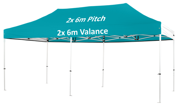 Altegra Pro Lite custom 3x6m marquee - image displaying the 2x 6 metre valances and 2x 6 metre pitch print areas in teal.