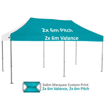 Altegra Heavy Duty 3x6m Folding Marquee with custom printed UPF50+ canopy image - 2x 6m Valance and 2x 6m pitch custom printed panels.