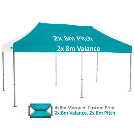 Altegra Heavy Duty 4x8m Folding Marquee with custom printed UPF50+ canopy image - 2x 8m Valance and 2x 8m Pitch custom printed.