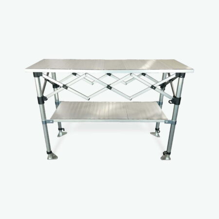 Altegra Aluminium 1.5m Folding Table with shelf - the packable, hugely robust and extremely versatile folding table by Altegra in our small 1.5m foldable table size. Heatproof, easy to clean, packs smaller than the rest, and looks great. Store more with the added shelf, nestled neatly underneath and height adjustable.