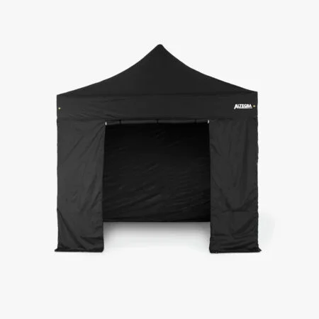 Altegra 3m gazebo door wall in black - the rapidly installed 3m wall panel with 2x industrial zips secures the marquee door closed and loops and toggles hold the rolled up door open for wide access.
