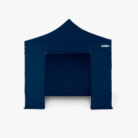Altegra 3m gazebo door wall in navy blue - the rapidly installed 3m wall panel with 2x industrial zips secures the marquee door closed and loops and toggles hold the rolled up door open for wide access.