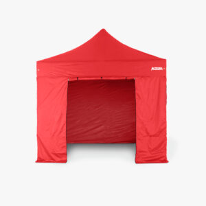 Altegra 3m gazebo door wall in red - the rapidly installed 3m wall panel with 2x industrial zips secures the marquee door closed and loops and toggles hold the rolled up door open for wide access.