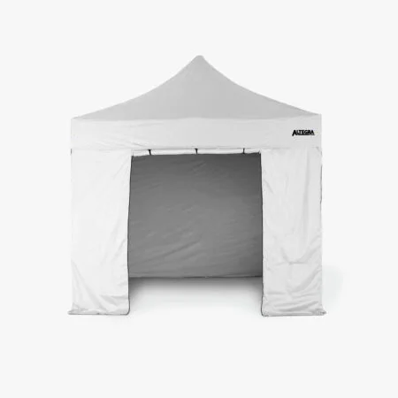 Altegra 3m gazebo door wall in white - the rapidly installed 3m wall panel with 2x industrial zips secures the marquee door closed and loops and toggles hold the rolled up door open for wide access.