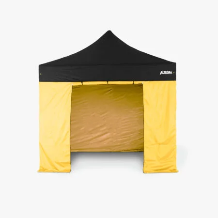 Altegra 3m gazebo door wall in yellow - the rapidly installed 3m wall panel with 2x industrial zips secures the marquee door closed and loops and toggles hold the rolled up door open for wide access.