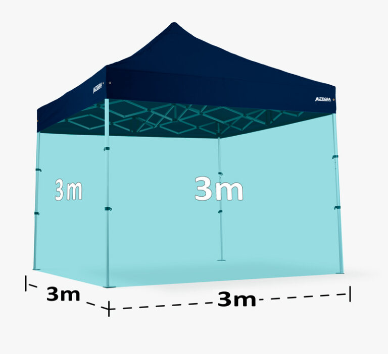 A simple illustration of how a 3x3m gazebo with sides is made up of 4x 3-metre walls. Each wall panel is 3m long with a height of about 2m.