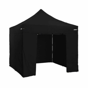 Altegra 3x3m Gazebo walls kit in black attached to a black gazebo - a full gazebo wall protection from the elements with our UPF50+ sun protection and 100% waterproof fabric. Our 3x3m gazebo wallkit contains 2x 3m window walls, 1x 3m solid wall, and 1x 3m door wall.