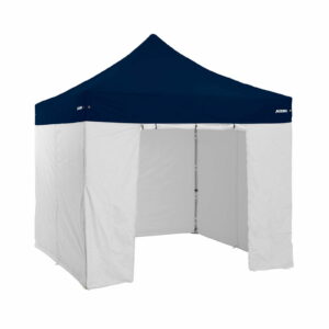 Altegra 3x3m Gazebo walls kit in white attached to a navy blue gazebo - a full gazebo wall protection from the elements with our UPF50+ sun protection and 100% waterproof fabric. Our 3x3m gazebo wallkit contains 2x 3m window walls, 1x 3m solid wall, and 1x 3m door wall.