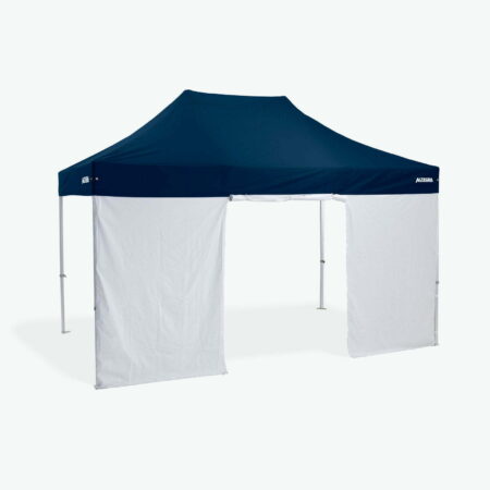 Altegra 3x4.5m gazebo door wall - 4.5m door wall in white attached to our Heavy Duty 3x4.5m gazebo with navy blue canopy.