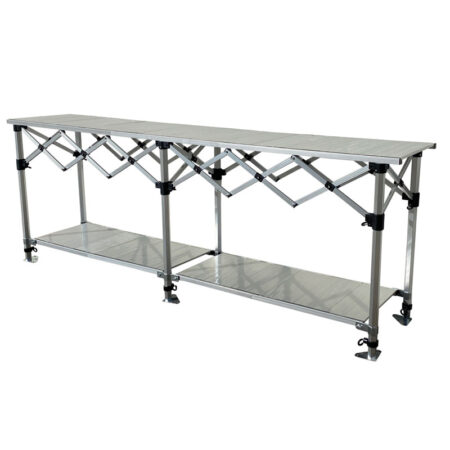 Altegra Aluminium 3m Foldable Table with shelves - the packable, hugely robust and extremely versatile folding table by Altegra in our 3m foldable table size - the perfect fit for your 3x3m gazebo. Heatproof, easy to clean, packs smaller than the rest, and looks great. Store more with the added shelves, nestled neatly underneath and height adjustable.
