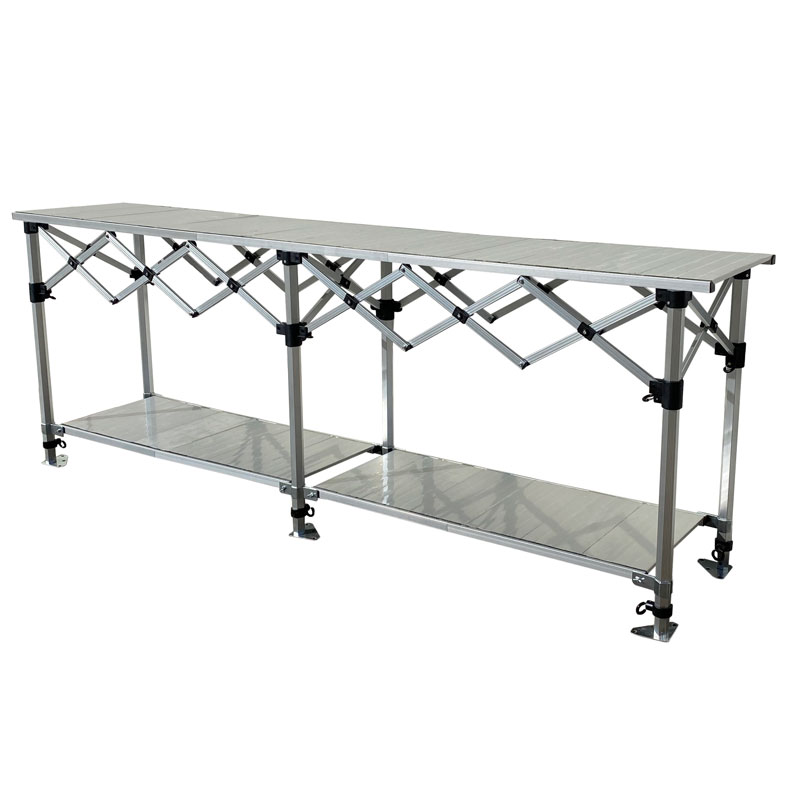 Altegra Aluminium 3m Foldable Table with shelves - the packable, hugely robust and extremely versatile folding table by Altegra in our 3m foldable table size - the perfect fit for your 3x3m gazebo. Heatproof, easy to clean, packs smaller than the rest, and looks great. Store more with the added shelves, nestled neatly underneath and height adjustable.