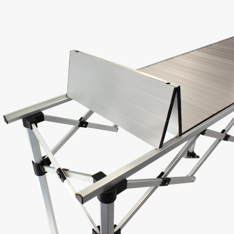 Sturdy folding table folding surface - aluminium slats grouped into 'accordion' sections press neatly into the folding top rails for a neat and robust surface.