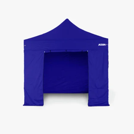 Altegra 3m gazebo door wall in royal blue - the rapidly installed 3m wall panel with 2x industrial zips secures the marquee door closed and loops and toggles hold the rolled up door open for wide access.