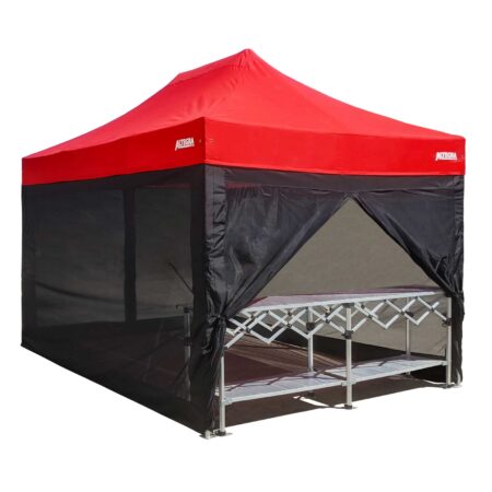 Altegra 3x4.5m mesh wall kit with a single 3m mesh zip wall open to our robust 3m folding table - a complete food serving gazebo or protection from flies, mosquitos, and bugs while camping.