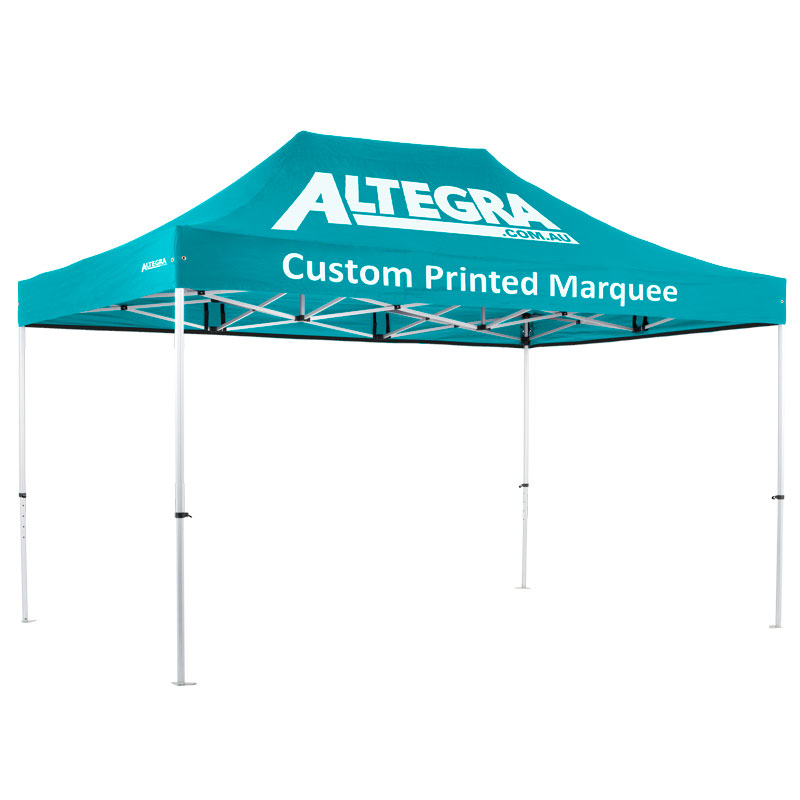 Altegra Pro Lite 3x4.5m custom event marquee for sale - light aluminium frame with a Lifetime Warranty and section 238 event compliance makes this 3x4.5m marquee a standout solution. Your custom sublimation printed canopy will make your team or brand stand out to leave a lasting impression on your customers and competitors.