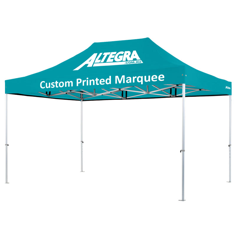 Altegra 3x4.5m Heavy Duty Custom Event Marquee - heavy duty aluminium frame and cast aluminium joints make for a sturdy and dependable folding event marquee. Your custom printed canopy can make your brand or team stand out.