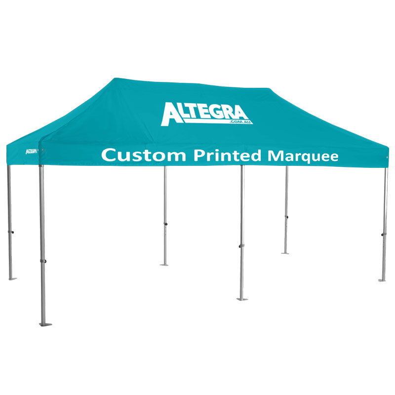 Altegra Heavy Duty 3x6m event marquee with custom printed canopy - a standout event marquee for sale that delivers on all fronts. Sturdy, event safe, long-lasting, great looking, and 18m2 coverage area of a rapidly deployed marquee.