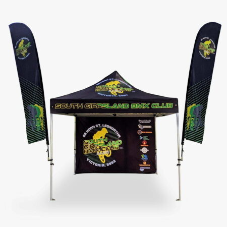 Altegra full custom 3x3m event tent image - a complete 3x3m custom printed canopy with a custom 3m marquee wall and feather banners all branded with team colours and logos.