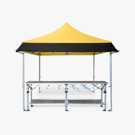 Altegra 3m gazebo awning fitted to our Heavy Duty gazebo with yellow 3x3m canopy and finished with a sturdy folding aluminium table - an example of a robust commercial pop up tent that's highly portable and extensively versatile. Use as a market stall, pit tent, exhibitor's display and more.